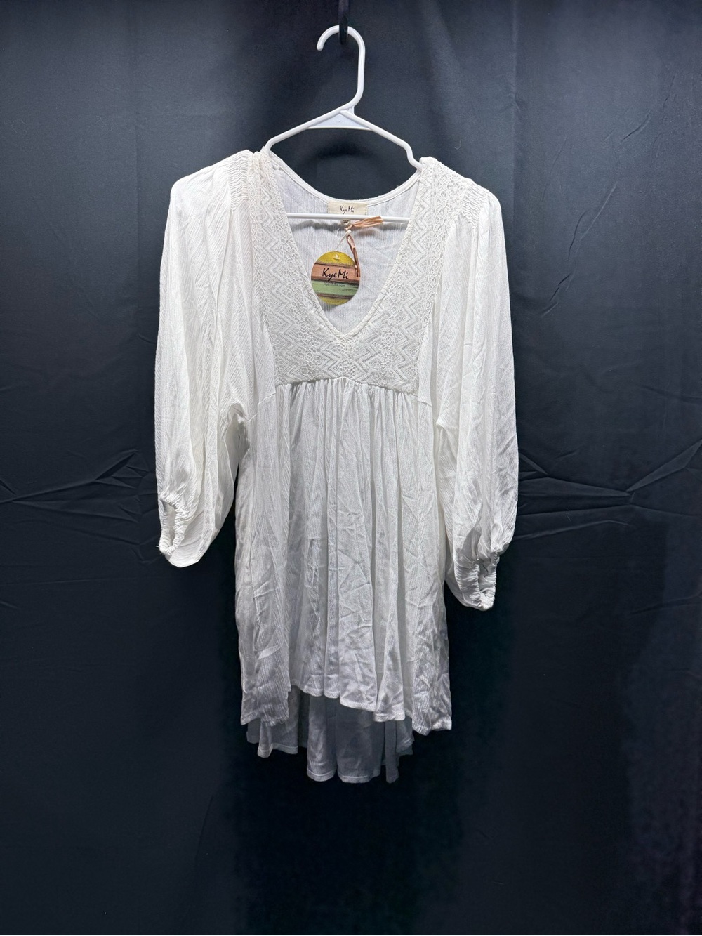 NWT Kye Mi white Crochet V-Neck Balloon Sleeve Tunic Sz S (2ab)